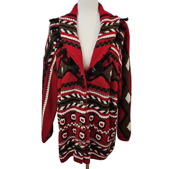 Carole Little Vintage Wool Blend Cardigan XL Southwestern Aztec Western Fringe - Picture 1 of 16